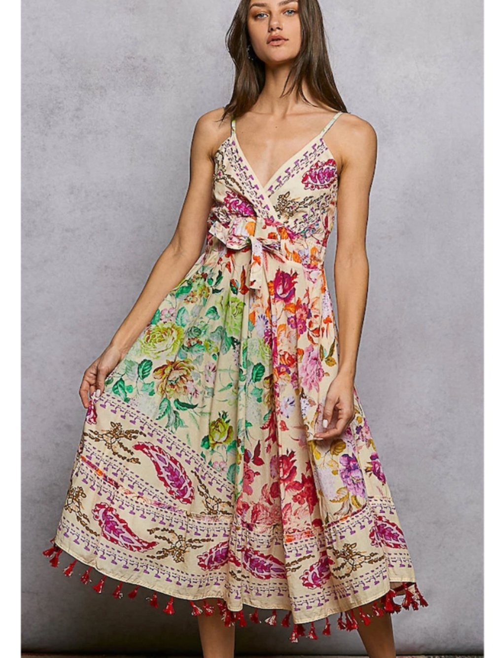"The Mariah" Mixed Print and Tassel Detail Midi Dress